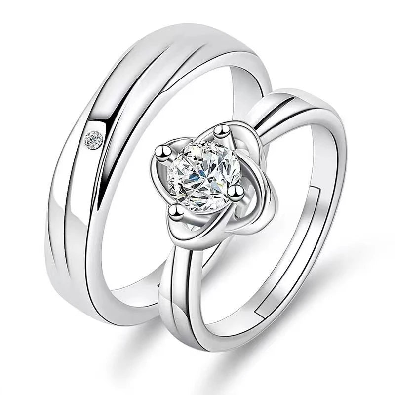 2PCS Fashion Exquisite Silver Color Couple Paired Ring For Women Men Opening Adjustable Engagement Wedding Gift Jewelry Accessor