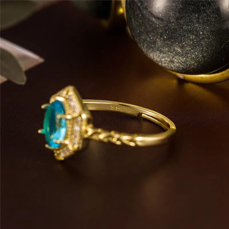 Real S925 sterling silver 18k Gold plating Geometric hexagon Synthetic blue topaz open ring for women luxury Fine jewelry