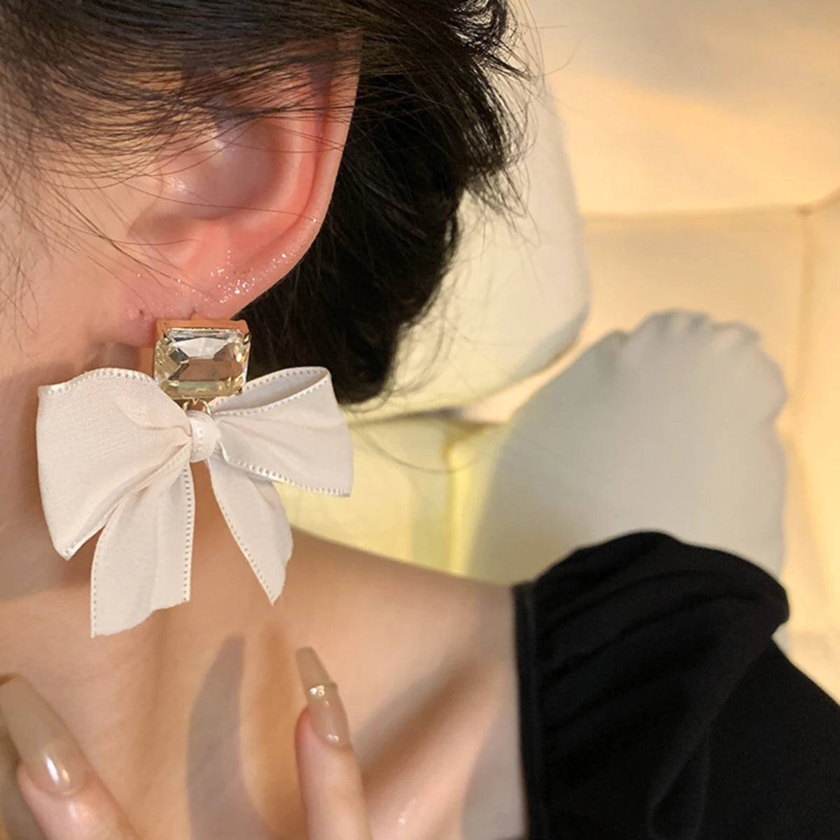 Colorful Zircon Bow Earrings Fashionable Cute Originality Design Resin Bow Delicate Earrings Women's Birthday Gift Jewelry