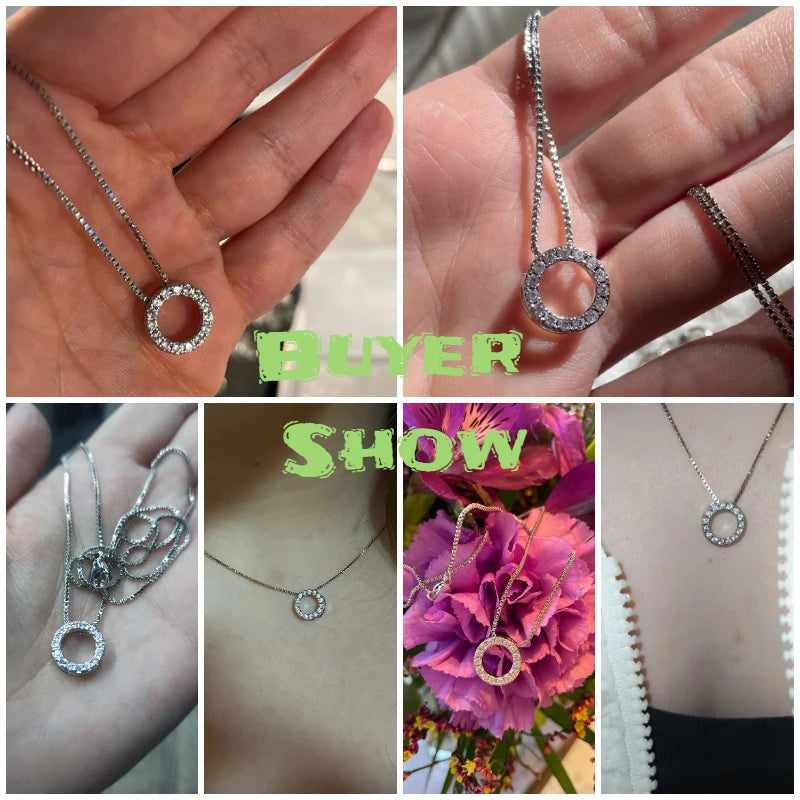Huitan Circle Pendant Necklace for Women Luxury CZ Silver Color Box Chain Exquisite Female Neck Accessories Statement Jewelry