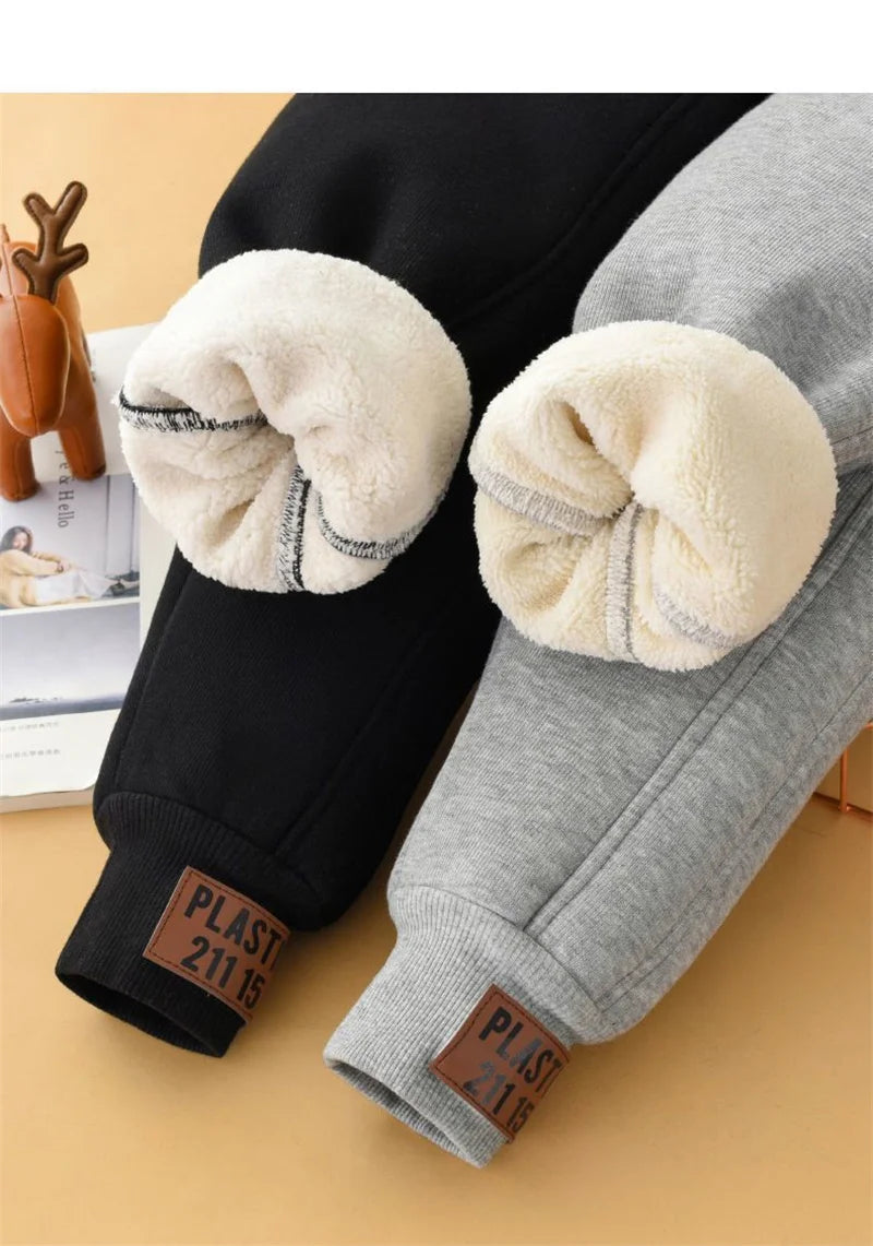 Children's Thick Cotton Pants Winter Boys Padded Plush Velvet Trousers Big Kids Lamb Wool Warm Snow Pants 4-14 Years