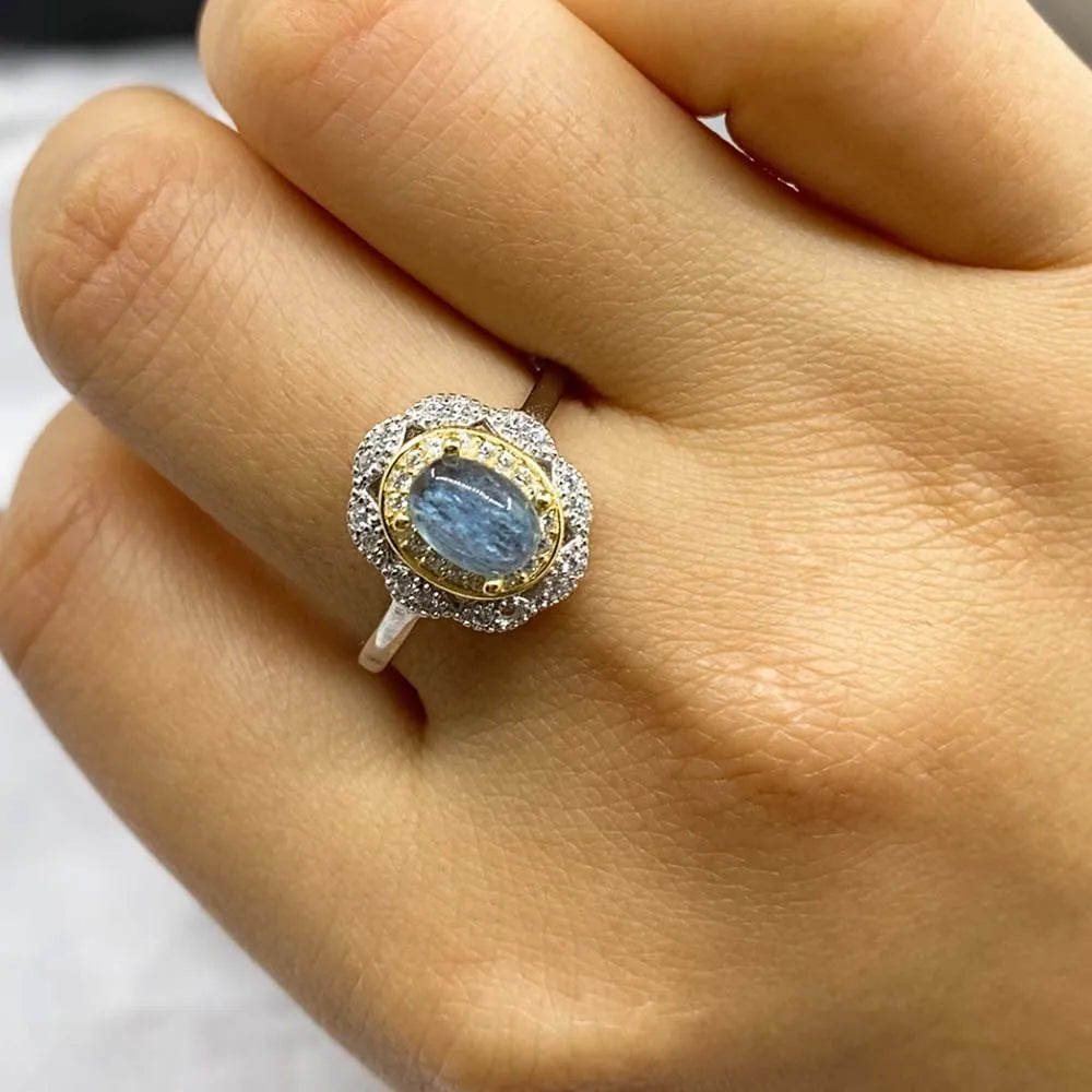 HOYON Natural Sea Blue Treasure Women's Ring s925 Sterling Silver Luxury Crystal Colored Gemstone Retro Palace Jewelry  Gift
