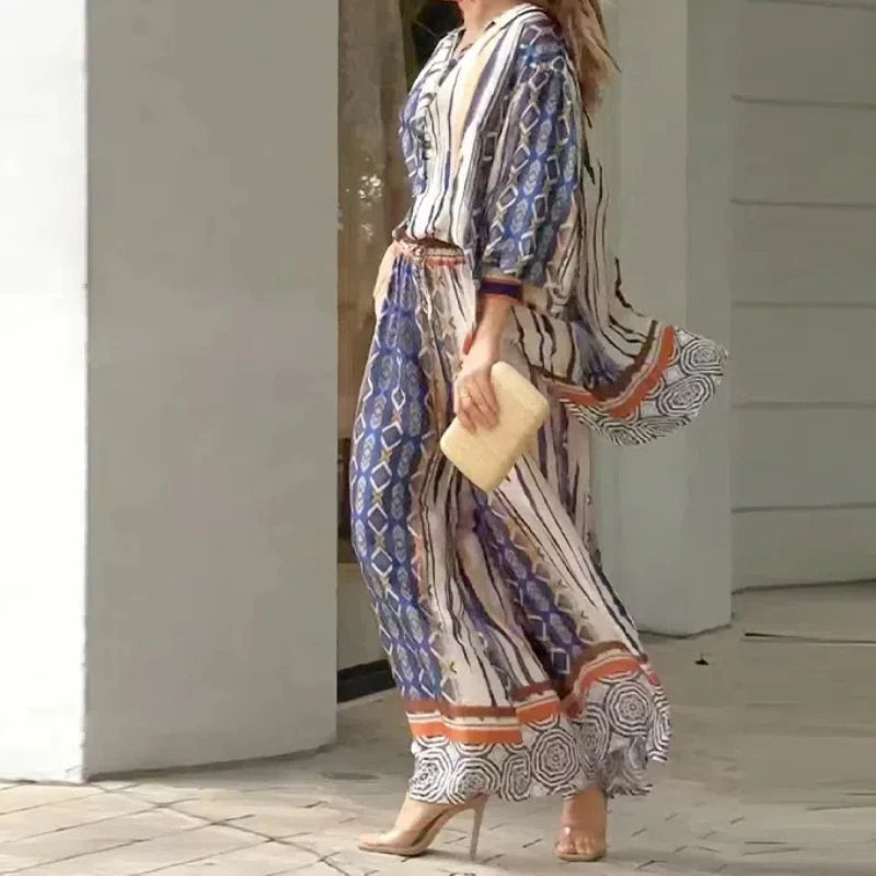 2024 Autumn Winter New Pattern Printed Turn-down Collar Long Sleeve Trousers Fashion Coordinates Women's Clothing Clothes