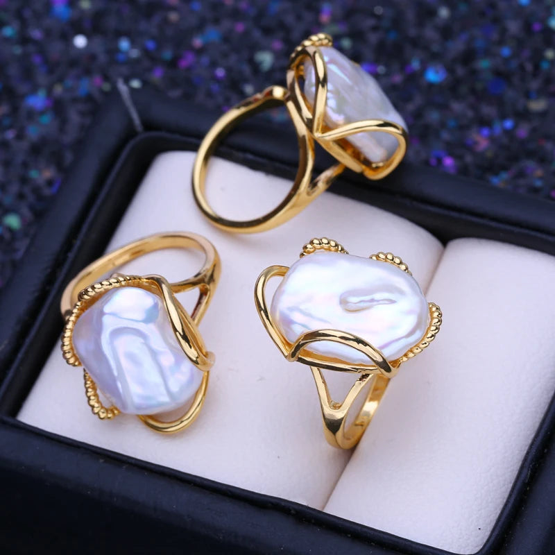 FENASY Natural Freshwater 12-16mm Big Baroque Pearl 925 Sterling Silver Rings For Women Bridal Wedding Jewelry Birthday Gift