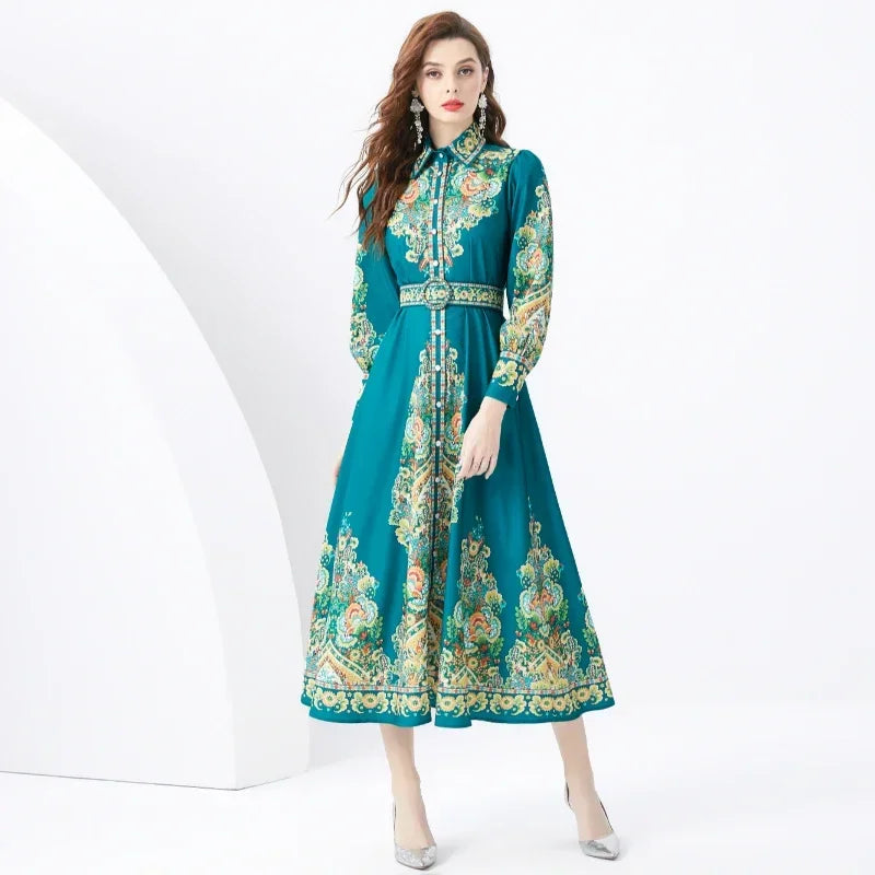 2024 Vacation Palace Style Lapel Single Flap Lantern Sleeves Long Retro Print Dress