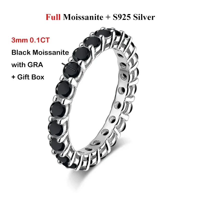 EWYA GRA Certified Full 3/4/5mm D Color Black Moissanite Ring Full Eternity Diamond Band For Women Men S925 Silver Wedding Rings
