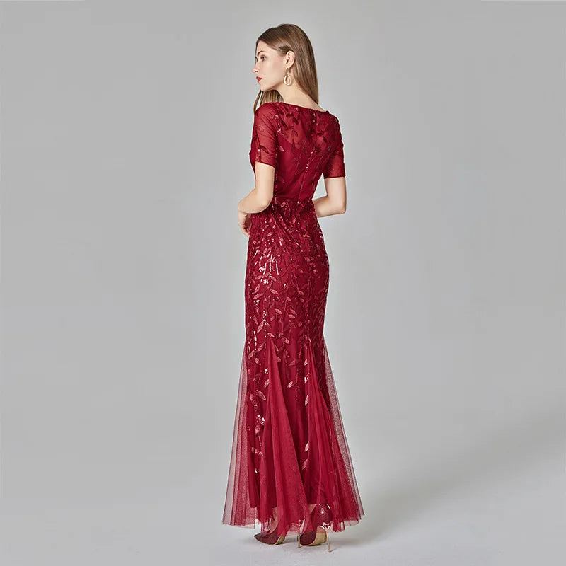 Plus Size Sequin Mesh Embroidery Mermaid Evening Dress Formal Short Sleeve Elegant Party Prom Gowns Long Maxi Dresses for Women
