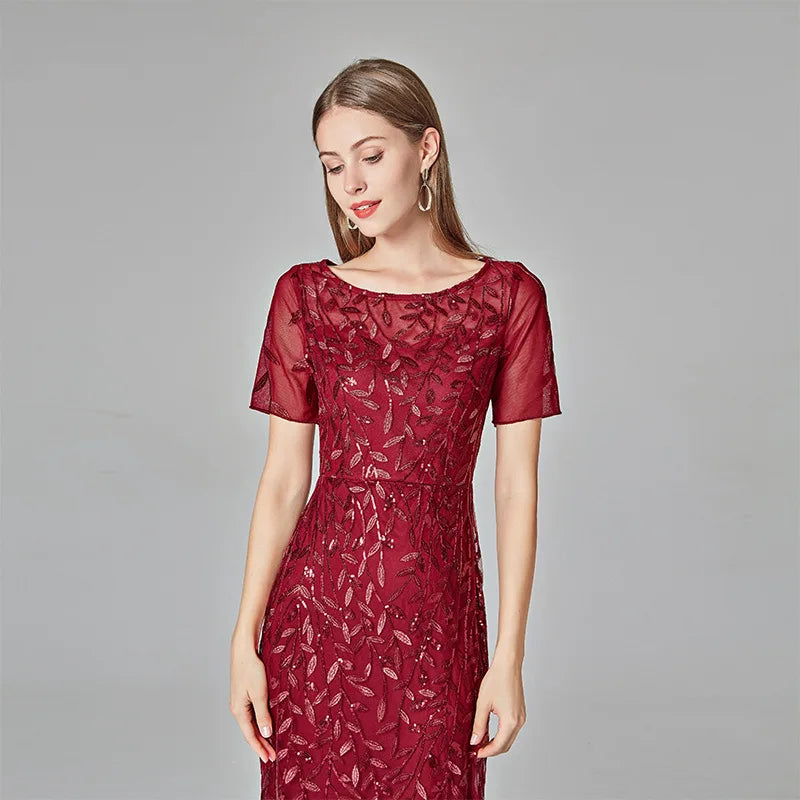 Plus Size Sequin Mesh Embroidery Mermaid Evening Dress Formal Short Sleeve Elegant Party Prom Gowns Long Maxi Dresses for Women