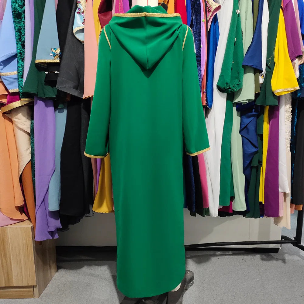 Uni Rhinestone Beaded Contrast Gold Trim Tassel Hooded Dress Split Hem Kaftan Abaya Muslim Woman Dress 2022 Green New