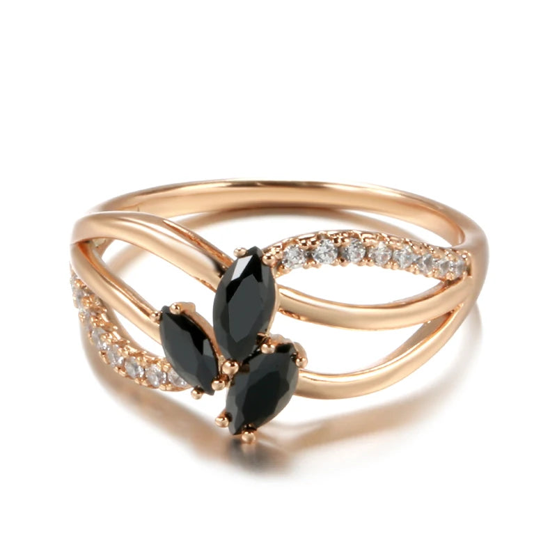 Wbmqda Trendy Black Natural Zircon Rings For Women 585 Rose Gold Color Wedding Party Fine Crystal Flower Jewelry Accessories