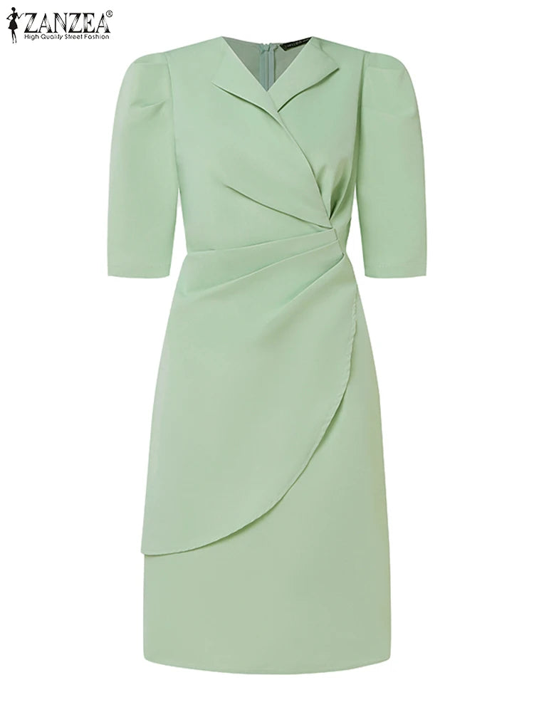 2024 ZANZEA Elegant Office Suit Dress Women Half Puff Sleeve Vestidos Summer Fashion Solid Color Robe Casual V-neck OL Dresses