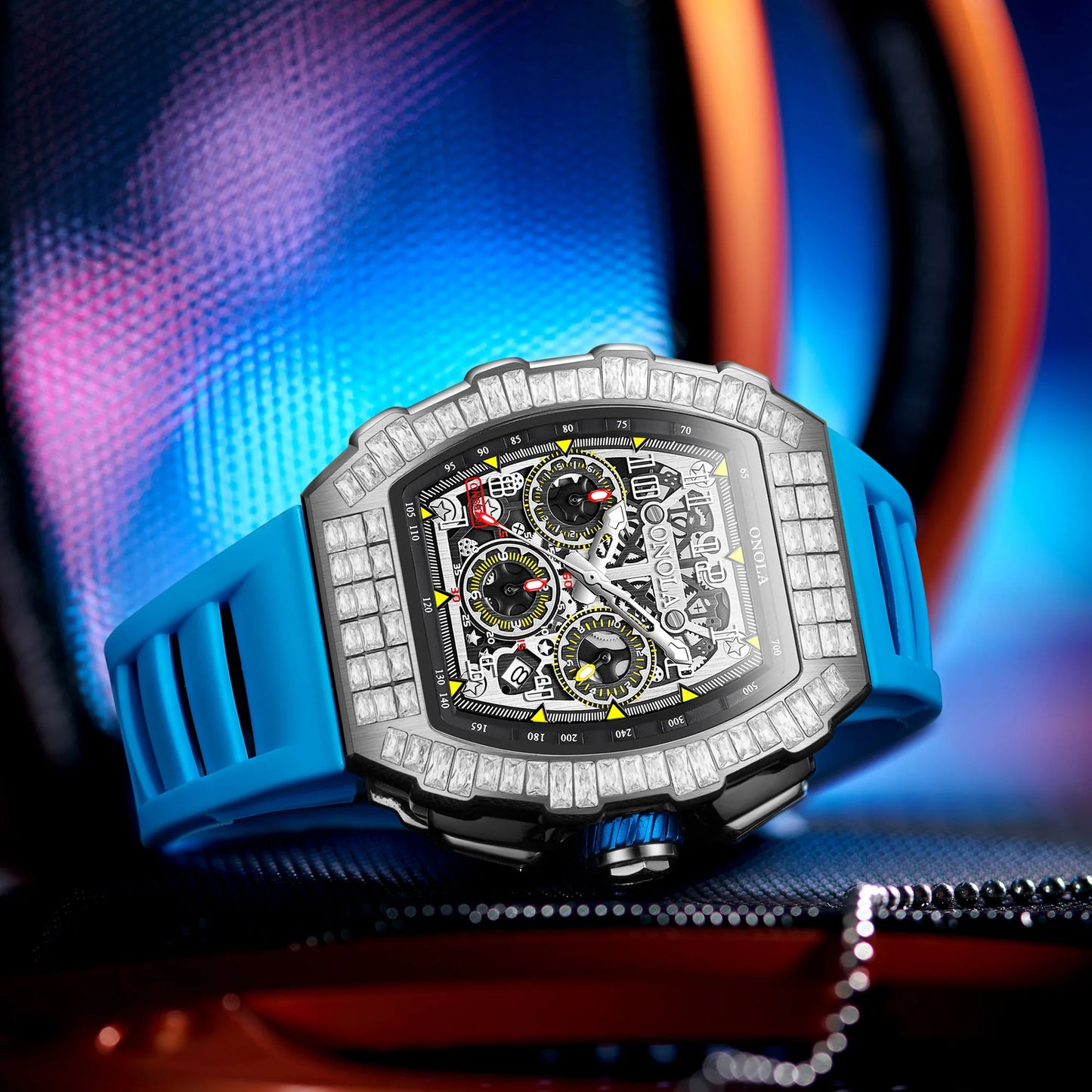 Hot Selling Fashion Fully Automatic Mechanical Watches Men ONOLA Unique Design with Diamond Inlaid Waterproof Tape Men's Watch