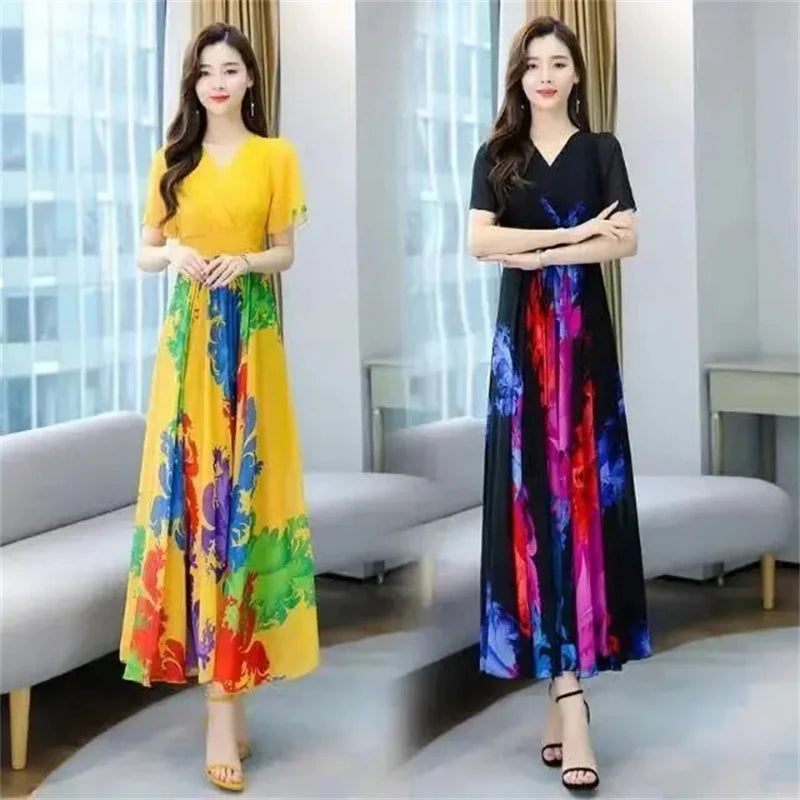 2024 New Chiffon Boho Beach Long Summer Elegant Dresses Clothes For Women Fashion Prom Black Floral Bodycon Maxi Dress