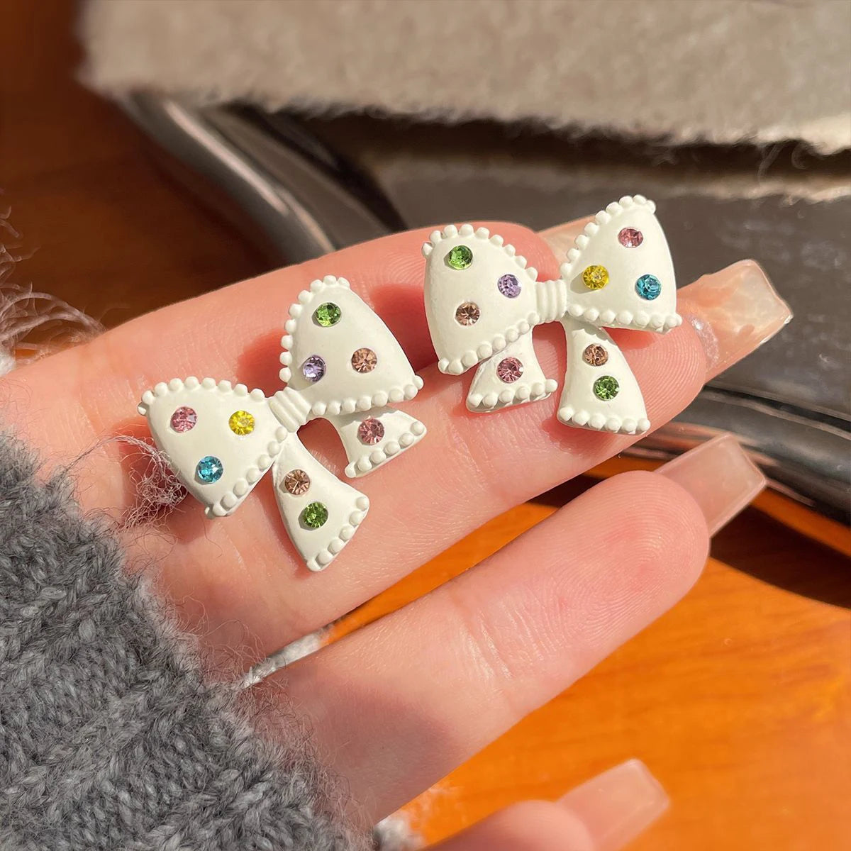 Colorful Zircon Bow Earrings Fashionable Cute Originality Design Resin Bow Delicate Earrings Women's Birthday Gift Jewelry