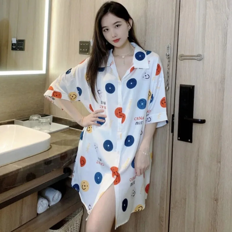 2023 New Extra-large Short Nightdress Women Summer Loungewear French Thin Shirt Half Sleeve Pajamas Women V-neck Homewear