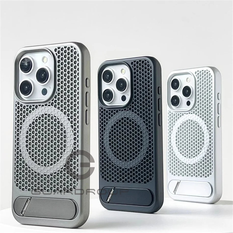 Luxury Heat Dissipation For Magsafe Case For iPhone 15 14 Plus 13 12 Pro Max Breathable Wireless Charger Stand Shockproof Cover