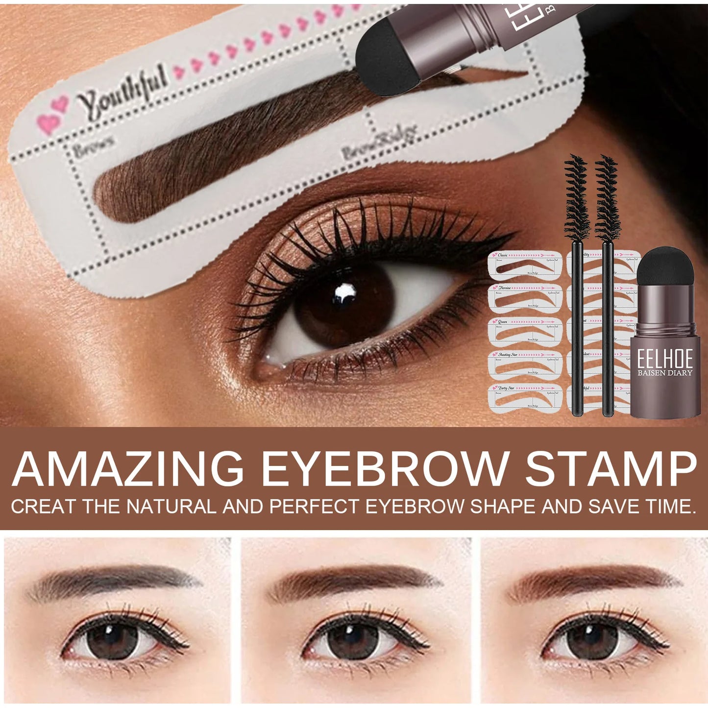 EELHOE One Step Eyebrow Stamp Shaping Kit Professional Fast Eye Brow Makeup Shape Waterproof Hairline Stick Eyebrow Brushes Set