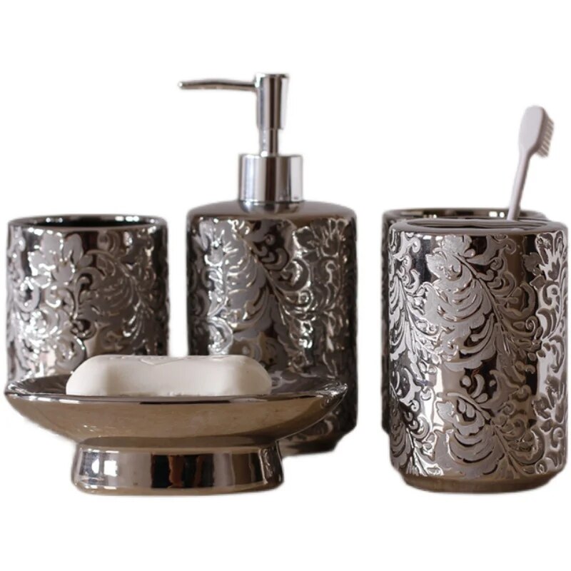 Silver Ceramics Five Piece Set Gifts Soap Bottle Gargle Cup Soap Dish Toothbrush Holder Washing Tools Bathroom Toiletry Set