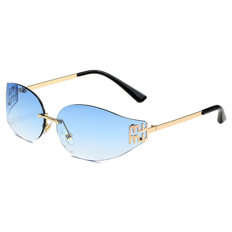 Rimless Oval Sunglasses Women UV400  Oversized Gradient Black Lenses Metal Frame Punk Decorative Glasses Men Goggles Female