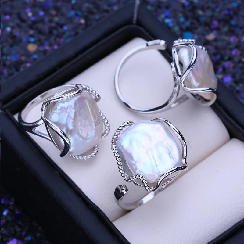FENASY Natural Freshwater 12-16mm Big Baroque Pearl 925 Sterling Silver Rings For Women Bridal Wedding Jewelry Birthday Gift