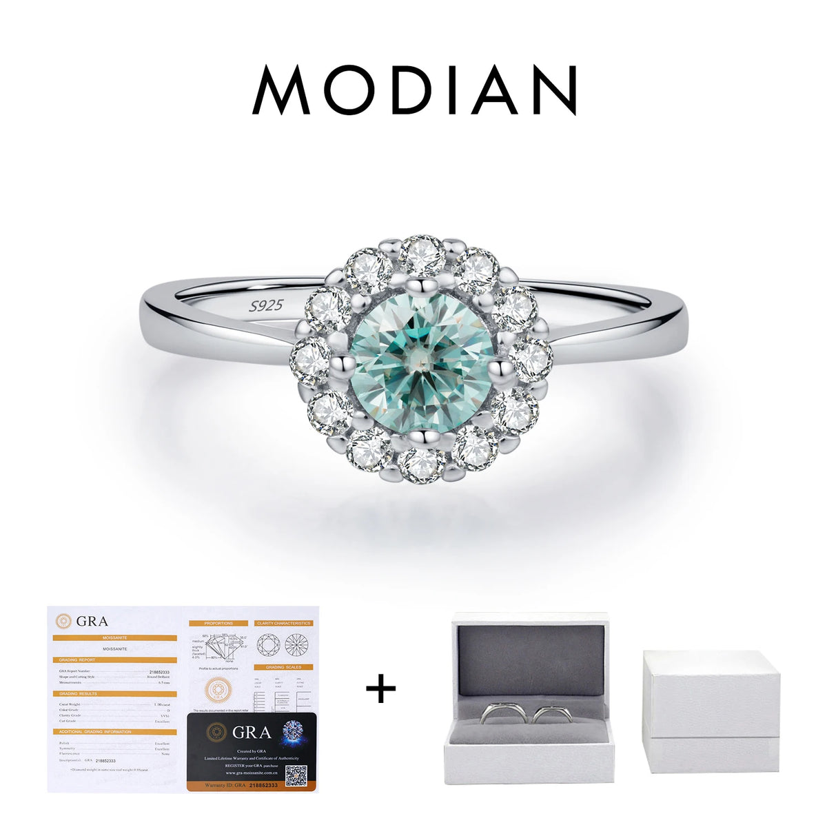 MODIAN D Color Green Teal Moissanite Halo Ring 925 Sterling Silver Trendy Elegant Finger Rings For Women Wedding Fine Jewelry