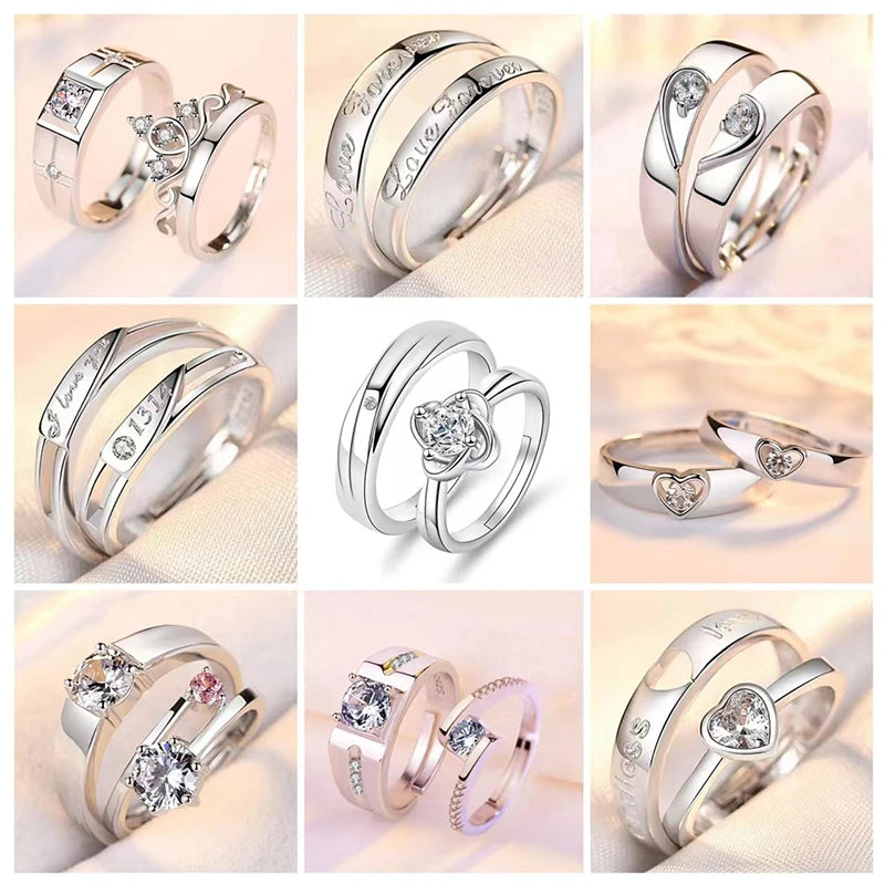 2PCS Fashion Exquisite Silver Color Couple Paired Ring For Women Men Opening Adjustable Engagement Wedding Gift Jewelry Accessor
