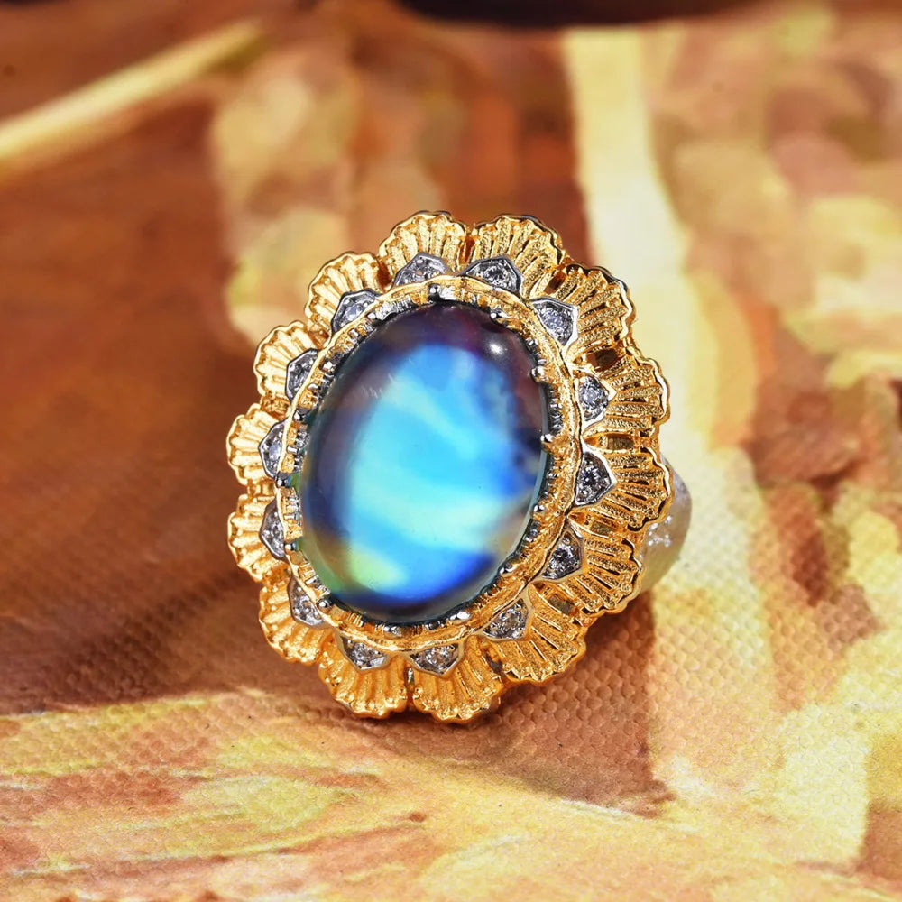 WOSIKATE Luxury Woven And Carved Gold Handmade Moonstone Ring For Women 925 silver Jewelry Adjustable Elegant Ladies Finger Ring
