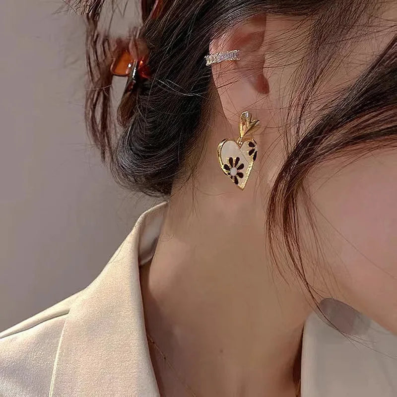 Korean Exquisite Heart Flower Drop Earrings For Women Girl Dangle Earring Girl Temperament Trendy Jewelry Valentine's Day Gifts