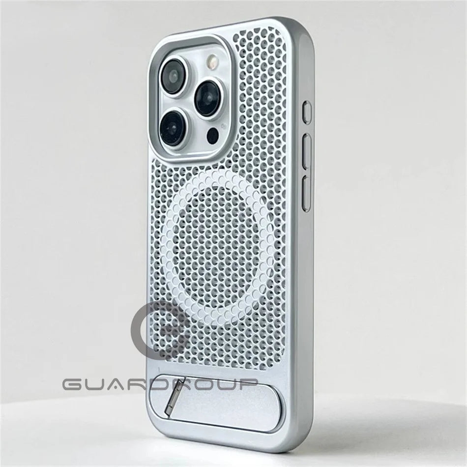 Luxury Heat Dissipation For Magsafe Case For iPhone 15 14 Plus 13 12 Pro Max Breathable Wireless Charger Stand Shockproof Cover