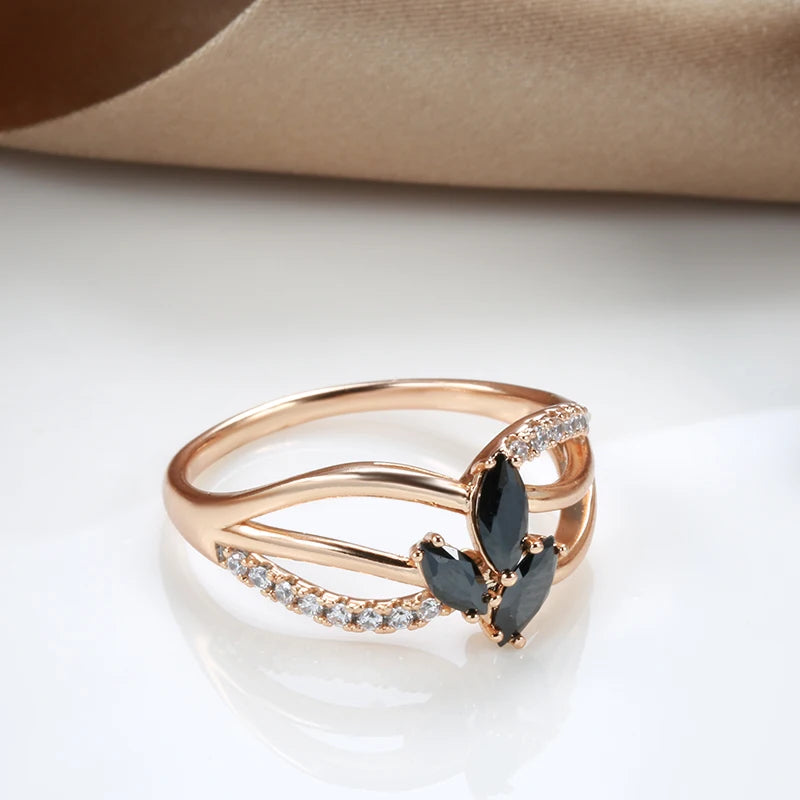 Wbmqda Trendy Black Natural Zircon Rings For Women 585 Rose Gold Color Wedding Party Fine Crystal Flower Jewelry Accessories