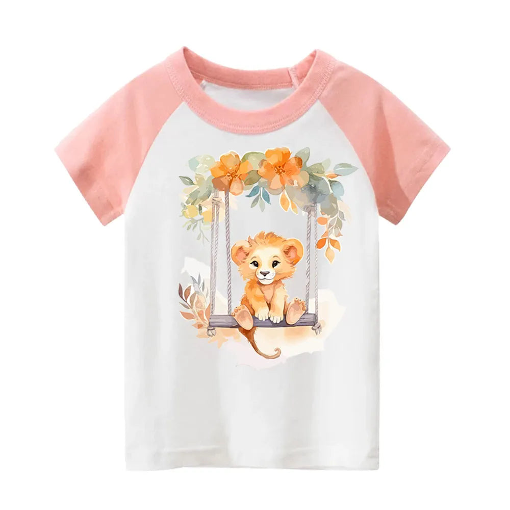 Baby Animal On Swings Heat Transfers For Kids Clothing Elephant Tigers Lion Stickers On Clothes Diy Thermal Patches Decals