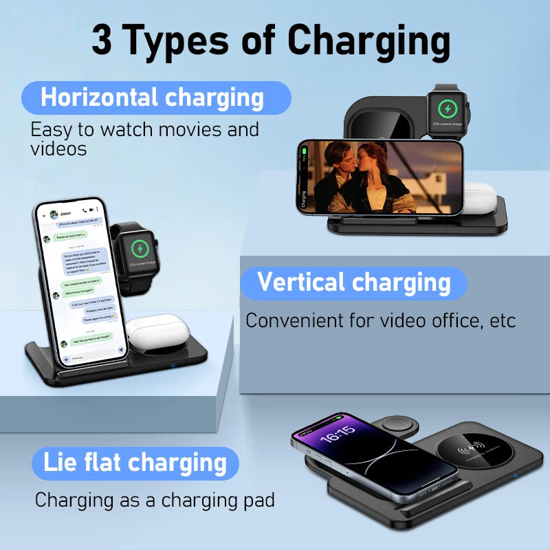 3 In 1 Foldable Wireless Charger Stand For iPhone 15 14 13 12 Pro Max Mini iWatch AirPods 3/2 Fast Charging Station Dock Holder