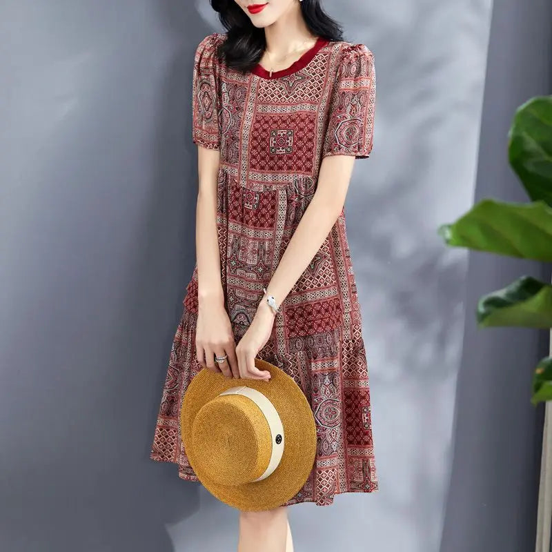 Fashion Round Neck Female Clothing Geometric Printing Summer 100% Mulberry Silk Vintage Patchwork Slim Midi A-line Dress