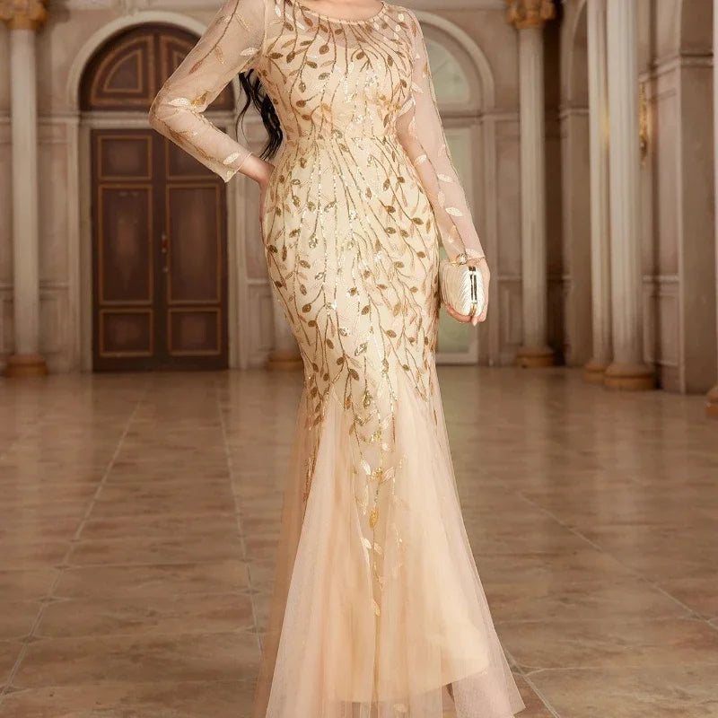 Plus Size Mermaid Formal Dresses O-Neck Long Sleeve Tulle Embroidery Party Gown Elegant Leaf Flower Dress Evening Luxury 2024