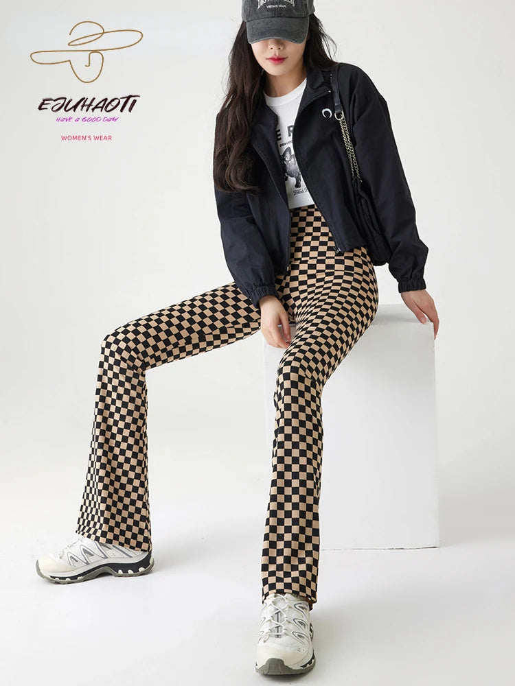 2024 Spring Summer New Checkerboard Shark Flared Leggings Women High Waist Tight Butt Lifter Sexy American Style Boot Cut  Pant