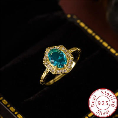 Real S925 sterling silver 18k Gold plating Geometric hexagon Synthetic blue topaz open ring for women luxury Fine jewelry