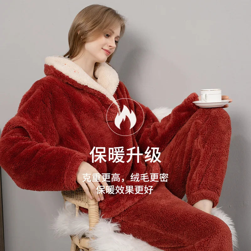 Coral Fleece Adult Blanket Pajamas Women Fall/winter Flannel Pajamas Set Thickened Couple Home Service Pijamas