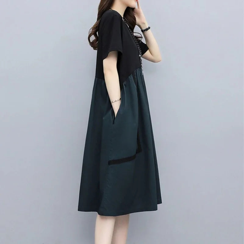 Fashion Korean Women's Clothing Round Neck Double Pockets Patchwork Pleated Short Sleeve Summer loose Shirring A-line Dresses