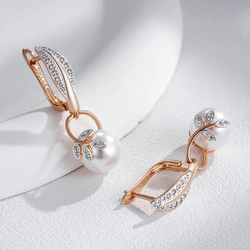 Wbmqda Luxury Pearl Women's Long Drop Earrings 585 Rose Gold Silver Color Ethnic Wedding Party Fine Zircon Jewelry Accessories