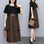 Fashion Korean Women's Clothing Round Neck Double Pockets Patchwork Pleated Short Sleeve Summer loose Shirring A-line Dresses