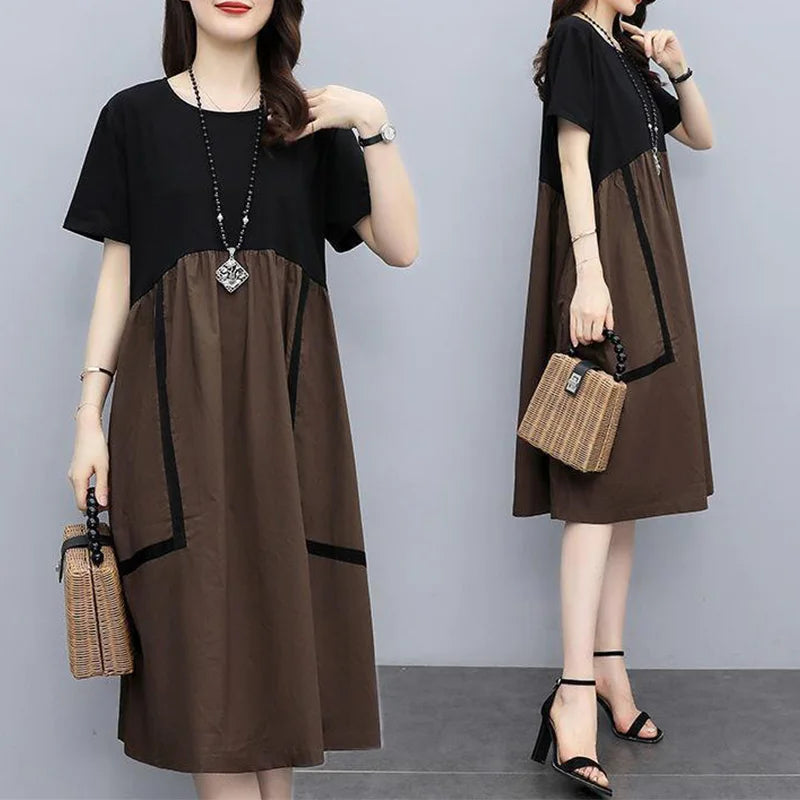 Fashion Korean Women's Clothing Round Neck Double Pockets Patchwork Pleated Short Sleeve Summer loose Shirring A-line Dresses