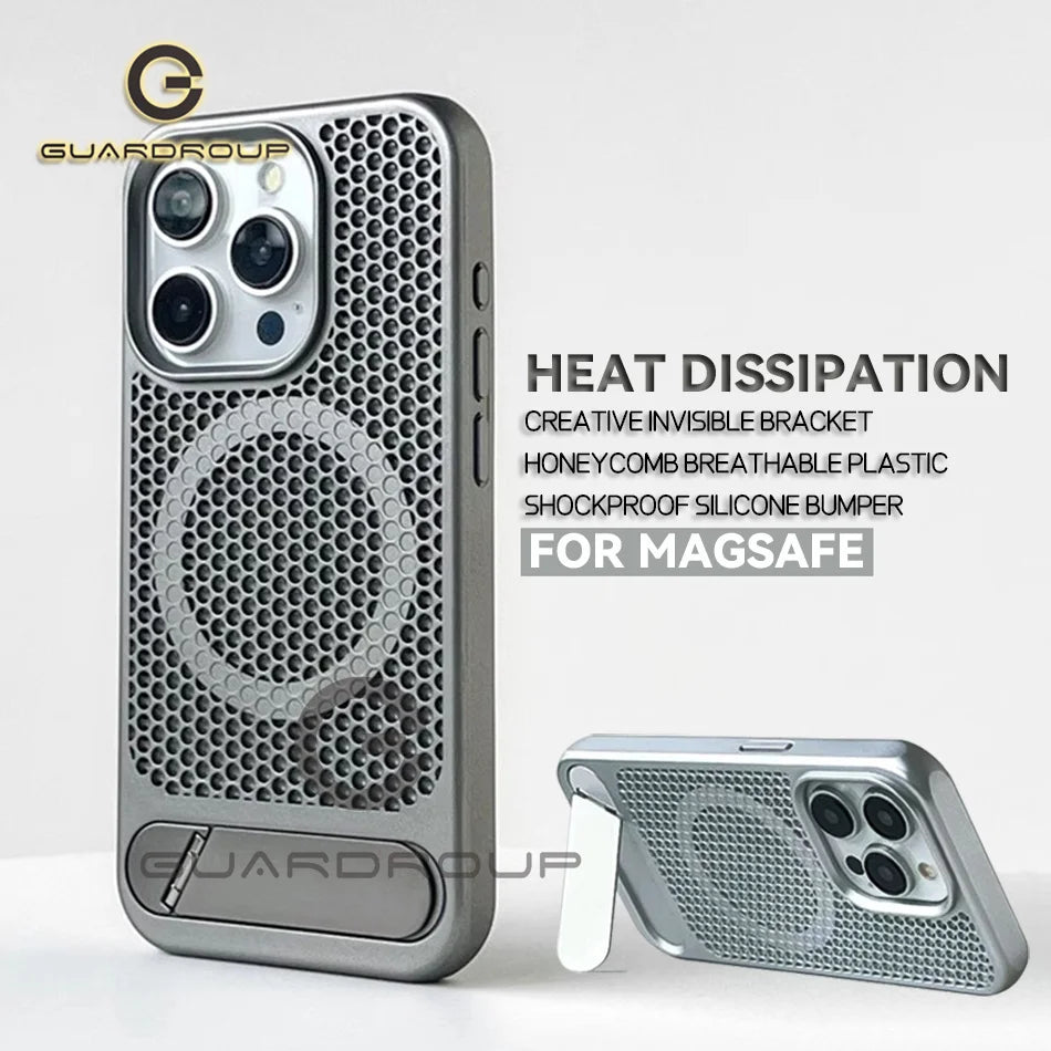 Luxury Heat Dissipation For Magsafe Case For iPhone 15 14 Plus 13 12 Pro Max Breathable Wireless Charger Stand Shockproof Cover