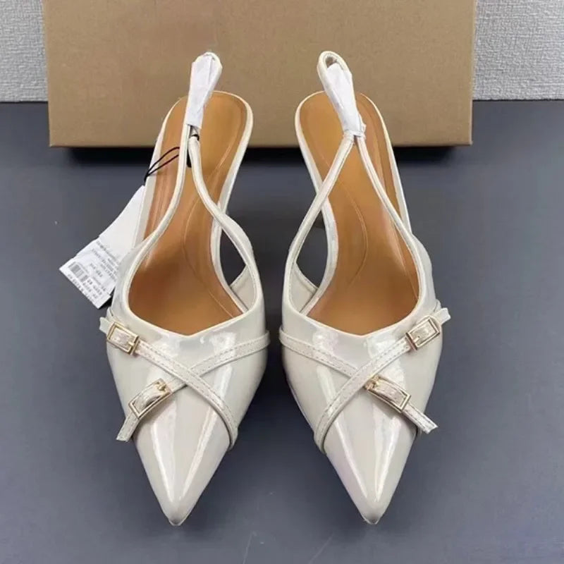 Pointed Toe High Heels Women Sandals 2025 Summer Brand Designer White Ladies Wedding Shoes Trendy Buckle Mules Footwear