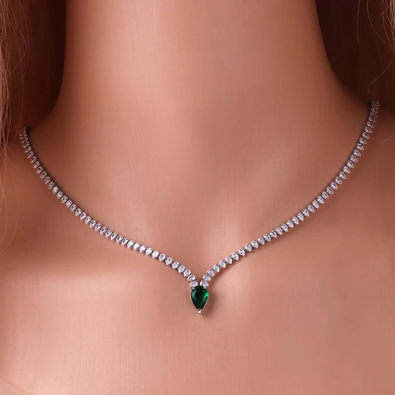 High Quality Iced Out Chain Water Drop Cubic Zirconia Light Blue Necklace for Women 18K Gold Plated Bridal Wedding Party Jewelry