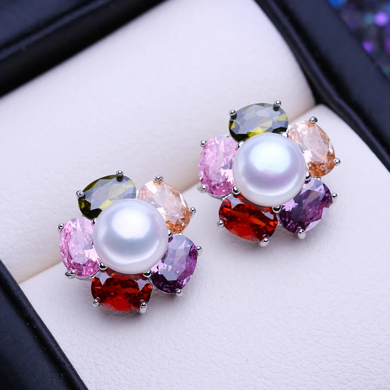FENASY Natural Freshwater Pearl Earrings Wedding Engagement Bohemian Party Flower 925 Sterling Silver Stud Earrings
