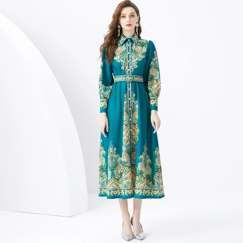 2024 Vacation Palace Style Lapel Single Flap Lantern Sleeves Long Retro Print Dress