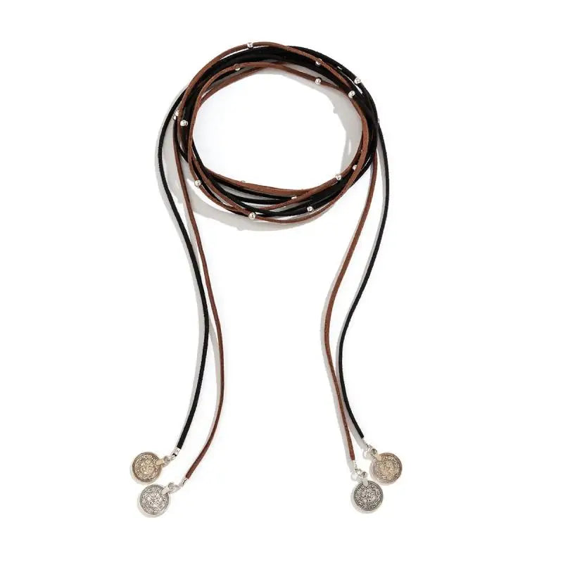 Ethnic Retro Brown Black Rope Chain Necklace for Women Metal Beaded Geometric Charm Adjustable Choker Jewelry Party Collar New