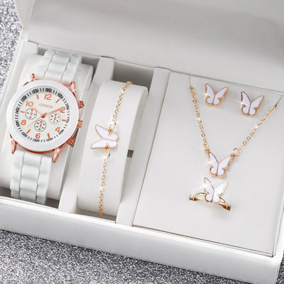 5pcs/Set Geneva Watch Women Fashion Silicone Band Quartz Watch Butterfly Jewelry Set（Without Box）