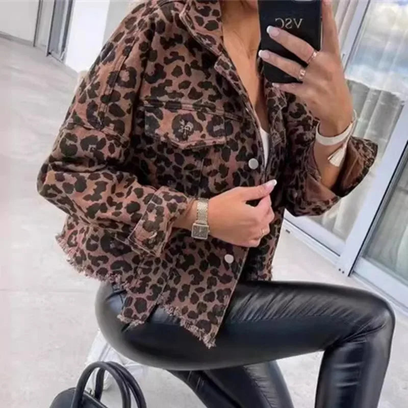 Fashion Leopard Print Tassel Hem Jacket Women Casual Outerwear Female Spring Autumn Lapel Single-breasted Cardigan Denim Coat 24