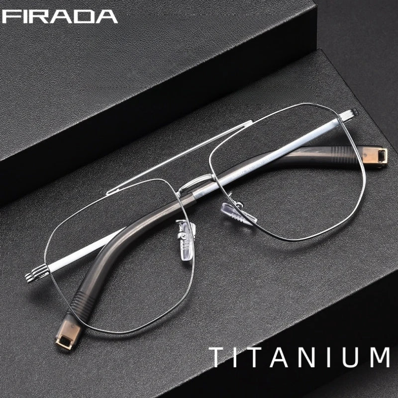 FIRADA Fashion Double Beam Glasses Vintage Luxury Pure Titanium Eyeglasses Optical Prescription Ewewear Frame For Men 0942-C